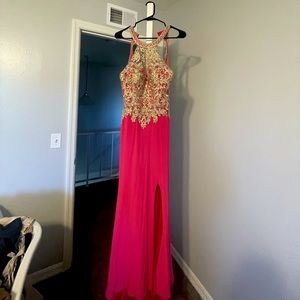 Floor length Camille La Vie dress. Pink and Gold